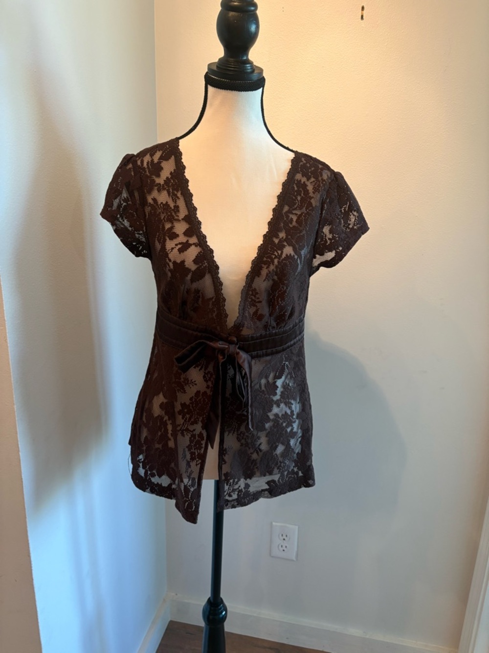 Studio Y Dark Brown Sheer Lace Tie-Front Top